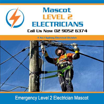 Level 2 electrician on power pole performing emergency electrical repairs on overhead lines in Mascot